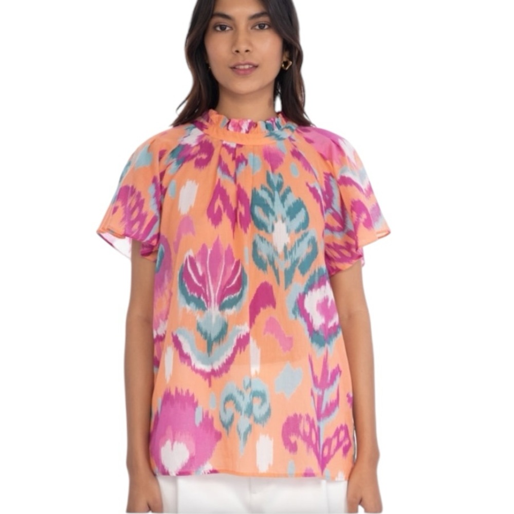 Banjanan Joyful Peach Magenta Ikat Print Ruffle Neck Blouse in Floral Spice - XL